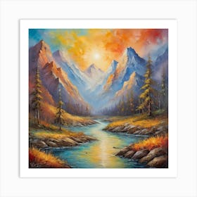 Vintage  mountain and  river and  sunset Art Print