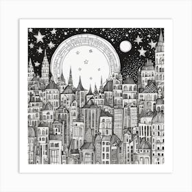 Cityscape With Moon And Stars Art Print