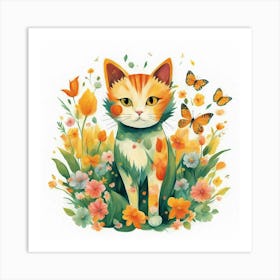 Cat In Flowers Art Print