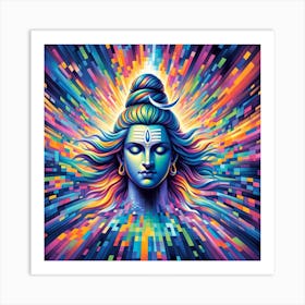 "Cosmic Shiva" is a visually stunning piece that radiates the powerful energy of Lord Shiva, the cosmic dancer and destroyer of evil, set against a backdrop of vibrant digital pixels that explode in a spectrum of colors. This modern portrayal intertwines the ancient with the digital age, symbolizing the destruction of the universe's imperfections and the creation of a new cosmic order. It's an ideal choice for those who seek art with a deep spiritual meaning as well as a touch of contemporary flair. This piece will not just adorn a wall but will also imbue the space with dynamism and the spirit of transformation. Embrace the fusion of tradition and modernity with "Cosmic Shiva" and let it inspire a sense of awe and reverence in your surroundings. Art Print