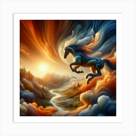 3 Dimensional Horse Jumping A Creek Sunset Clouds Swirling 2 Art Print