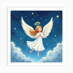 Angel With A Watercolor Tranquil Starry Sky 1 Art Print