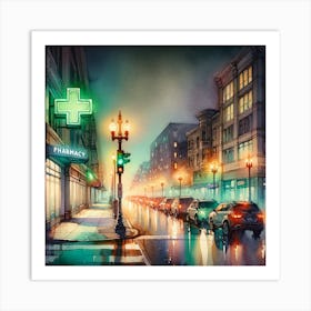 City Pharmacy Night Painting Art Print