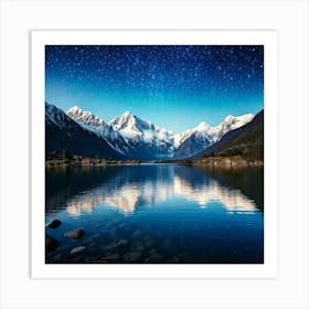 Firefly Mountains, Snow Capped, Towering, Background, Tranquil, Lake, Foreground, Reflecting, Starry (11) Art Print