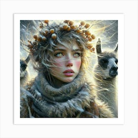 Girl With Llamas Art Print