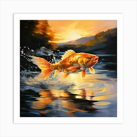 Golden Fish Sprinting Across The Surface Of A Tranquil Azure Lake Scales Shimmering Casting Undula 114107339 Art Print