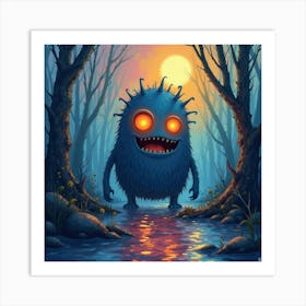 Monster With Glowing Eyes In A Colorful Watercolor Swamp 1 Art Print