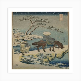 Two Travelers, One On Horseback, On A Precipice Or Natural Bridge During A Snowstorm Art Print