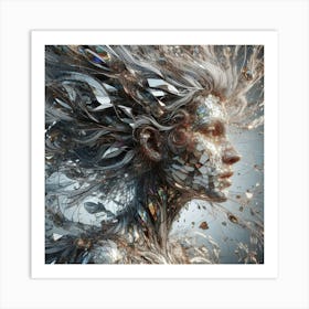 3D HDR a close up of a woman with Fractured Dreams a kaleidoscope of shattered mirrors, splintered glass, and tangled copper wire, forms a mesmerizing, abstract sculpture that pierces the soul, reflecting the fractured psyche of a world torn apart. Art Print