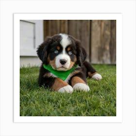 Bernese Mountain Dog puppy with brown eyes, wearing a bright green bandana with white designs. The image should capture Lemmy in an adorable, eye-catching pose that embodies the playful and loving nature of a puppy. The image should be in the vivid and detailed 3d animation. Set the background to a front porch, in the background you can see 3 pairs of girls shoes, 2 toddler size and one teenagers making it colorful and engaging. 1 Art Print