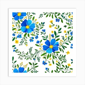 Blue Flowers On A White Background Art Print