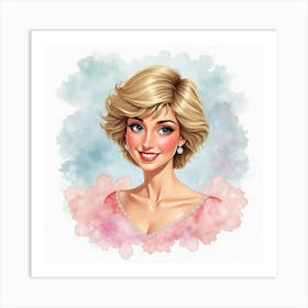 Smiling Princess Diana Surrounded By Delicate Watercolor Pastel Clouds Art Print