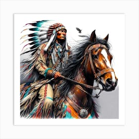 Indian Chief On A Horse Color Drawing Art Print