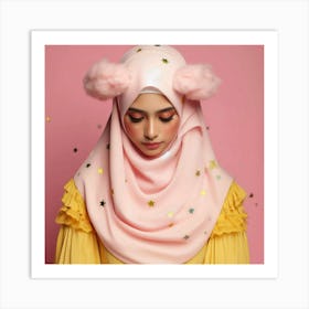 A young woman wearing a hijab looks down with a serene expression on her face. Her hijab is a pale pink color, and she has a pair of cloud-like poofs attached to the top of it. The poofs are a lighter shade of pink, and they are decorated with gold stars. The woman's makeup is natural, and she is wearing a light shade of pink lipstick. Her hair is dark brown, and it is pulled back into a neat bun. The background is a pale pink color, and there are gold stars scattered around the woman's head. Art Print