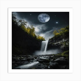 Full Moon Over A Waterfall Art Print