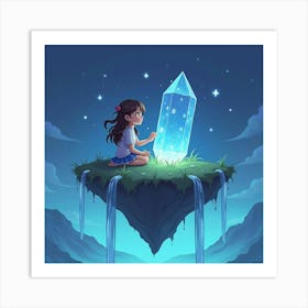 A Girl Sitting On A Floating Island, Holding A Glowing Crystal, With Waterfalls Falling From The Edge Art Print