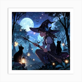 Witch With Cats Art Print