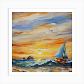 Oil painting design on canvas. Sandy beach rocks. Waves. Sailboat. Seagulls. The sun before sunset.11 Art Print