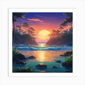 Serene Sunset at a Rocky Beach With Lush Foliage and Calm Waters Art Print