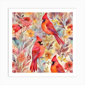 Cardinals And Flowers 1 Art Print