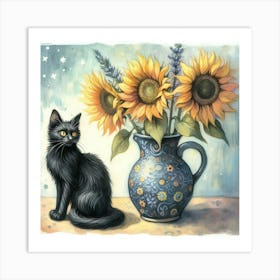 Black Cat With Sunflowers watercolor pestel painting Vase With Three Sunflowers With A Black Cat, Van Gogh Inspired Art Print Art Print