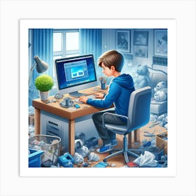 Boy Working On Computer In Messy Room Art Print