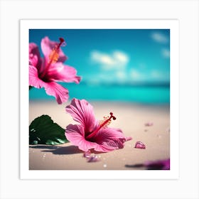 Pink Hibiscus Flowers on the Summer Beach 1 Art Print