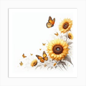 Radiant Sunflowers and Butterflies Gracefully Art Print