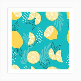 Lemon Pattern With Floral Decoration Square Art Print