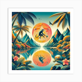 Geometric Art Tropical lake and monkey 3 Art Print