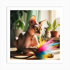 Sphynx Cat Playing With Feather Art Print