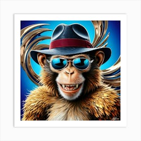 A Dazzling, High Contrast Illustration Of A Monkey Donning A Vintage Inspired, Curved Brim Fedora Hat With A Crimson Band And A Pair Of Sleek, Silver Rimmed, Oversized Sunglasses (4) Art Print