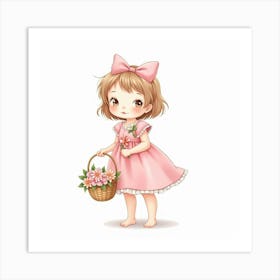 Watercolor Baby Girl In A Pink Dress Holding A Basket Of Flowers Art Print