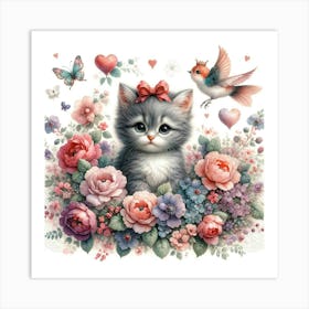 Kitten In Flowers Art Print