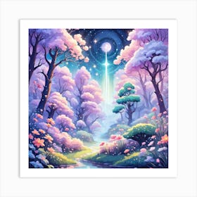 A Fantasy Forest With Twinkling Stars In Pastel Tone Square Composition 29 Art Print