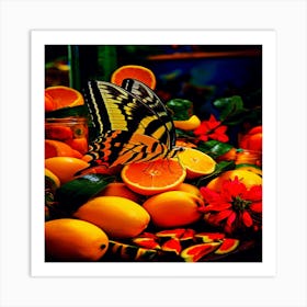 Close up on butterfly near fruits, Butterfly On Oranges Art Print