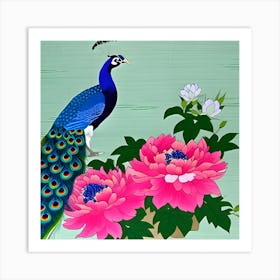 Peacock And Peonies, Japanese Art 1 Art Print