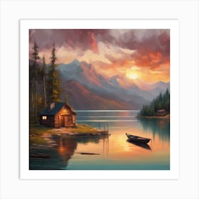 Oil painting of a tranquil lake surrounded by mountains Art Print