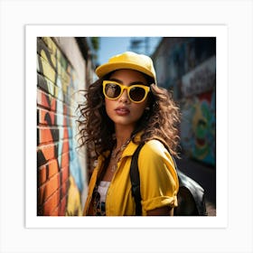 Stylish Girl Dons Cap Yellow Sunglasses Back To A Graffiti Covered Wall Casually Leaning Street Art Print