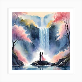 Spring Time Lover Couple By A Waterfall Watercolor Painting Art Print