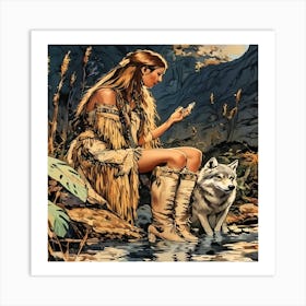 Native American Woman With Wolf-Drucke 09.12.2024--1a08d Art Print