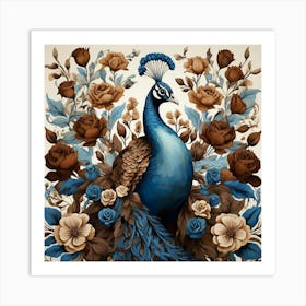 Floral Blue Brown Peacock Art Print Art Print