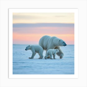 Polar Bear And Cub Walking Across Ice Fields 1 Art Print