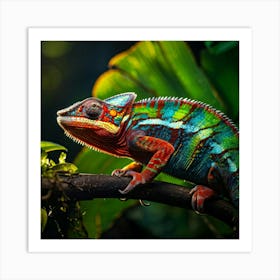 Chameleon Basking On A Sun Drenched Branch Scales Shimmering Through A Vibrant Spectrum Poised Gra Art Print