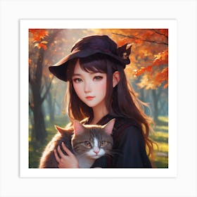 Anime Girl With Cat Art Print