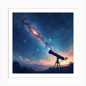 Space Telescope Observing Distant Galaxies, Watercolor Background Of Stars 1 Art Print