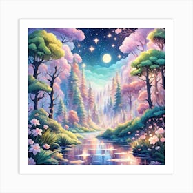 A Fantasy Forest With Twinkling Stars In Pastel Tone Square Composition 431 Art Print