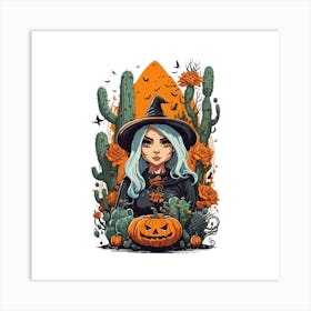 Witch With Pumpkin And Cactus Art Print