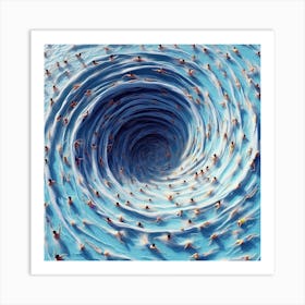 People In The Pool - A group of people swimming in a pool, but the water is not clear and blue, it is a swirling vortex of colors and shapes. The swimmers themselves are distorted and elongated, as if they are being pulled into the vortex. The scene is captured from a bird\'s-eye view, giving the viewer a sense of scale and perspective. Art Print