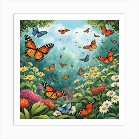 Butterflies In The Garden, A Butterfly Garden With Various Species art print 1 Art Print